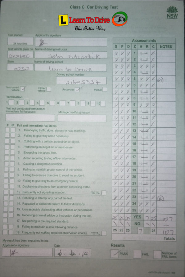 NSW Driving Test Score Sheet