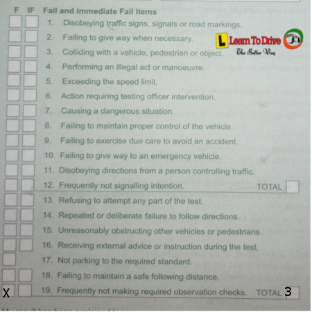 Driving test score sheet fail items